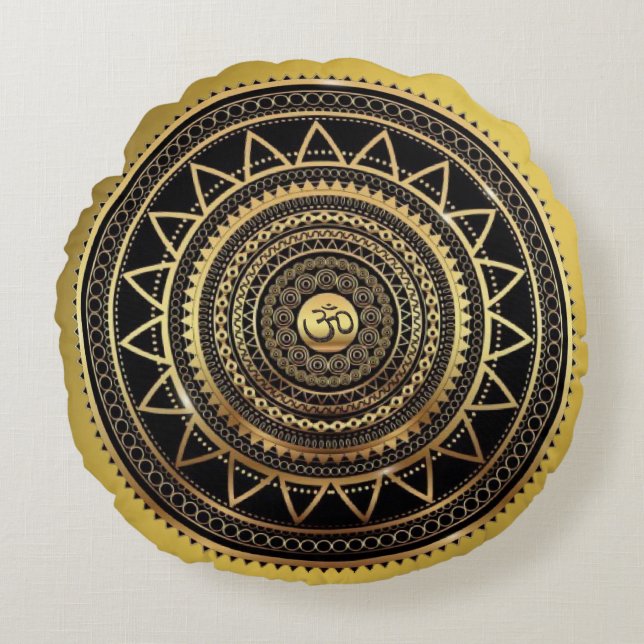 Klassy Shiny Black & Guld OM Symbol Mandala Rund Kudde (Framsidan)