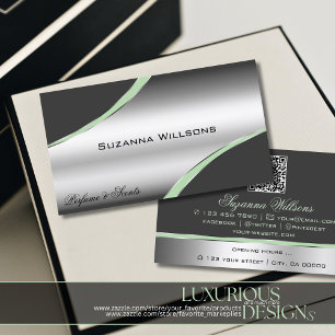 Klassy Silver Grått Curved Decor Linjer och QR-kod Visitkort