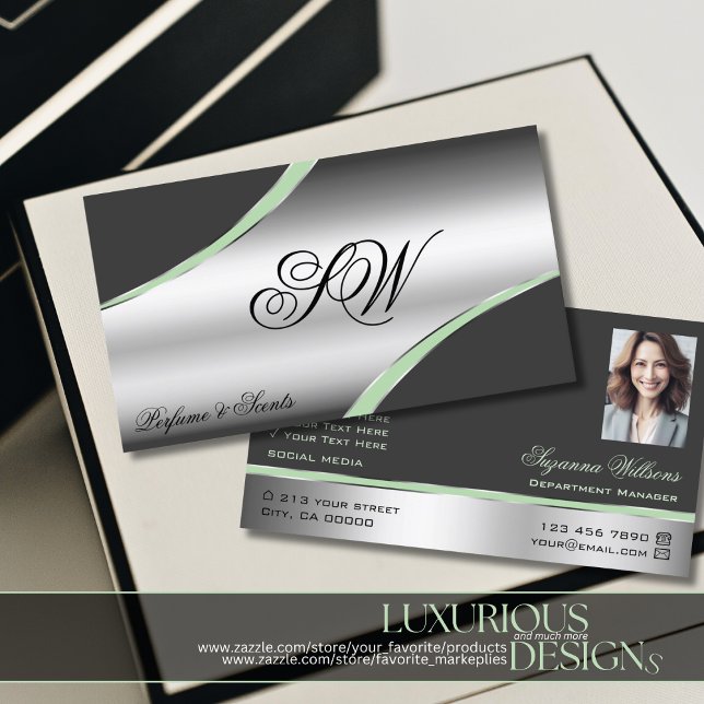 Klassy Silver Grått Curved Linjer Monogram och fot Visitkort (Skapare uppladdad)