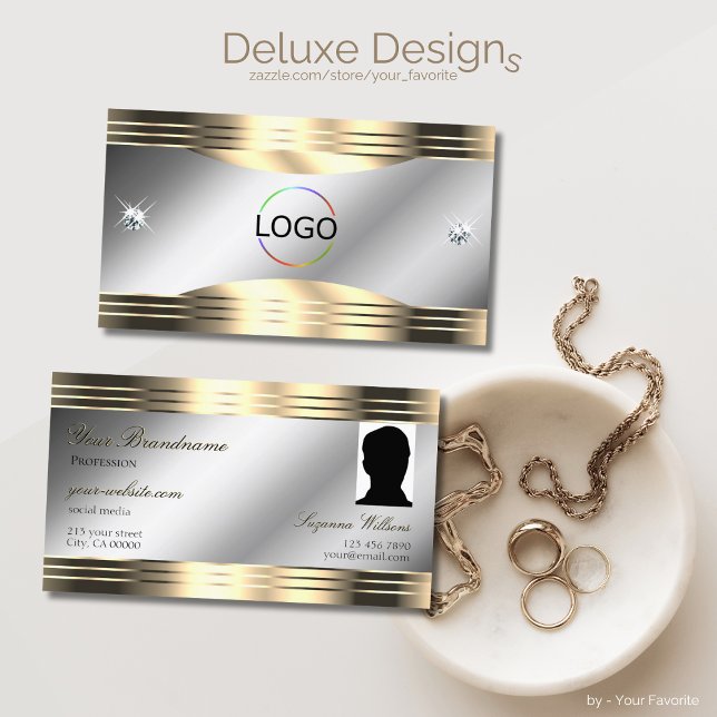 Klassy Silver Guld Shiny Diamonds Logotyp och foto Visitkort (Skapare uppladdad)