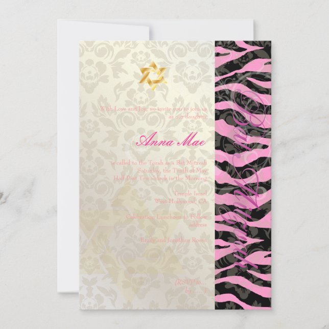 Klassy + Snyggt Zebra/Damask Bat mitzvah Inbjudningar (Framsida)