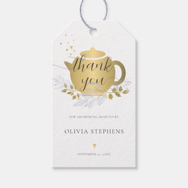 Klassy Tea Party Guld Blue Blommigt Pojke Shower Presentetikett (Framsidan)