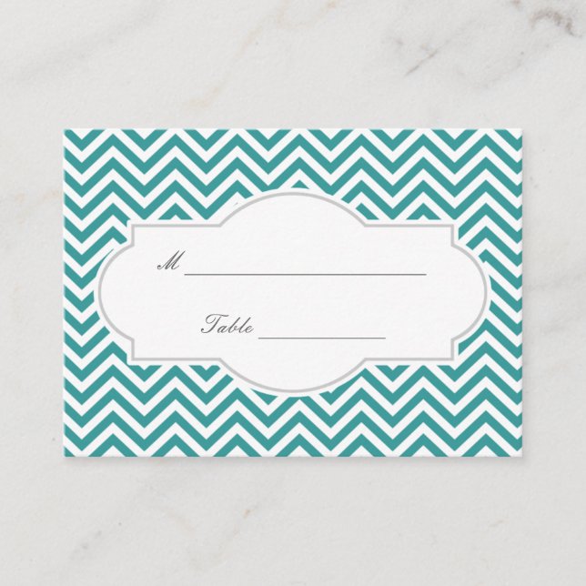 Klassy Teal Chevron Rand Bröllop ortkort Placeringskort (Framsida)