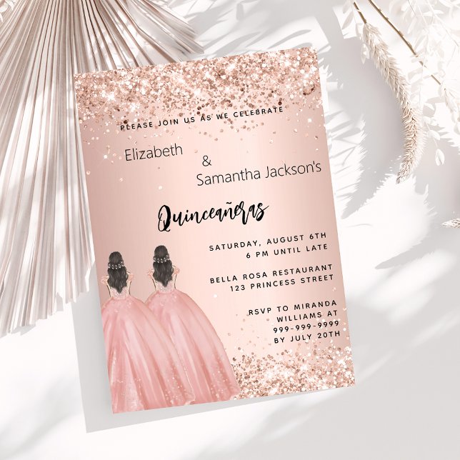 Klätnoflickor i ro guld Quinceanera Inbjudningar (Skapare uppladdad)