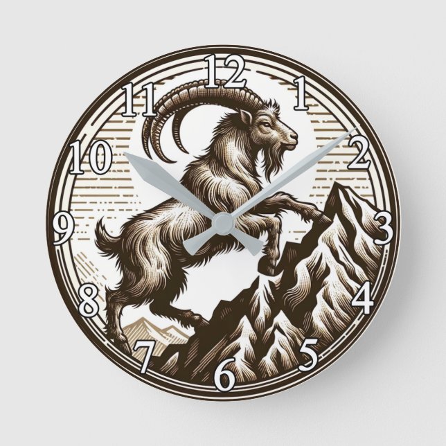 Klättra Berg Geten Stenbocken Födelsedag Zodiak Rund Klocka (Framsida)