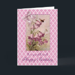 Klein Lila Bellros Campanula Friend Birthday Kort<br><div class="desc">grattis på födelsedagen för en speciell vän. Insida: "En vän är en gåva till dig själv,  ge." Lila Bellblommor eller Campanula-blommar av konstnären Catharina Klein,  alias. Catharine,  1861-1929. En lila platinabruk tillför lite elegans. Bakgrunden är en quatrefoliedesign. Njut.</div>