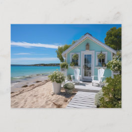 kleines mintfarbenes Strandhaus am Meer Vykort