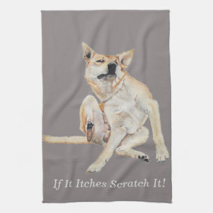 kliande hund, kliande målning med lustig slogan kökshandduk