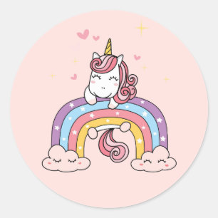 KLICK FÖR MILJÖFÖRSEGLING: UNICORN PÅ EN RAINBOK RUNT KLISTERMÄRKE