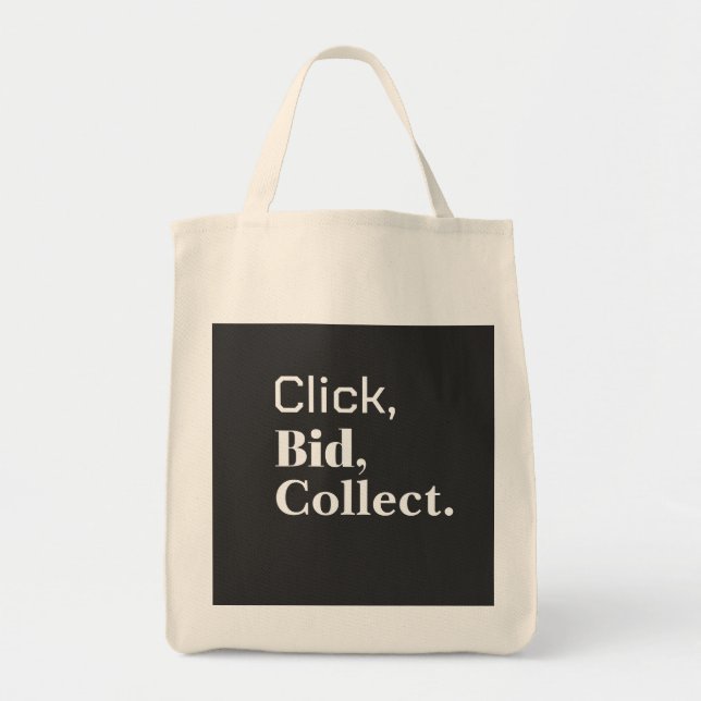 Klicka, Bjud, Samla. Bok #ClickBidCollect Tygkasse (Framsidan)