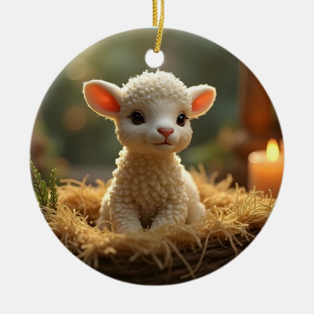 KLICKA LITTLE LAMB PÅ ETT MANGER JULGRANSPRYDNAD KERAMIK (Framsidan)