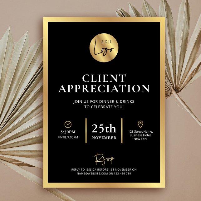 Klientbedömningshändelse för elegant Black Guld Lo Inbjudningar (Elegant black and faux gold business  (client, staff or donor) appreciation event invitation)