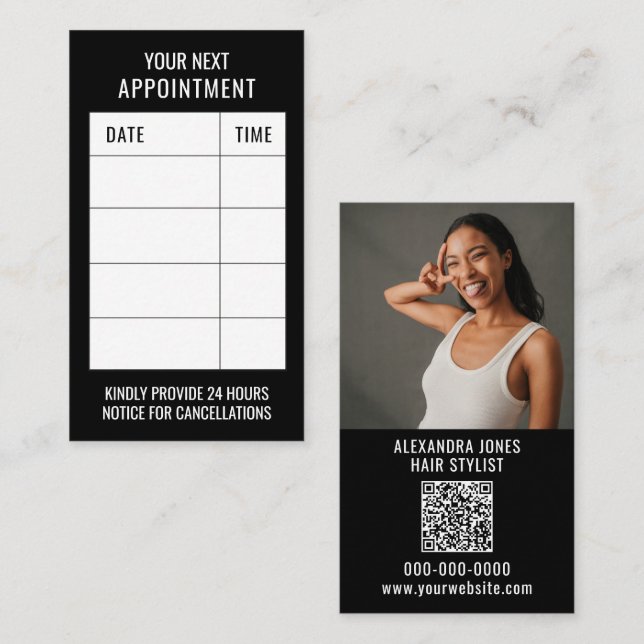 Klientpåminnelse för Modern Black Hair Stylist Tidsbeställning Kort (Fram/baksida)