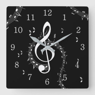 Klimataktisk G Clef White Music på Black Fyrkantig Klocka