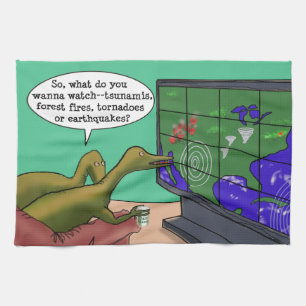 Klimatförändringsdinosaurier Parody Tecknad Kökshandduk