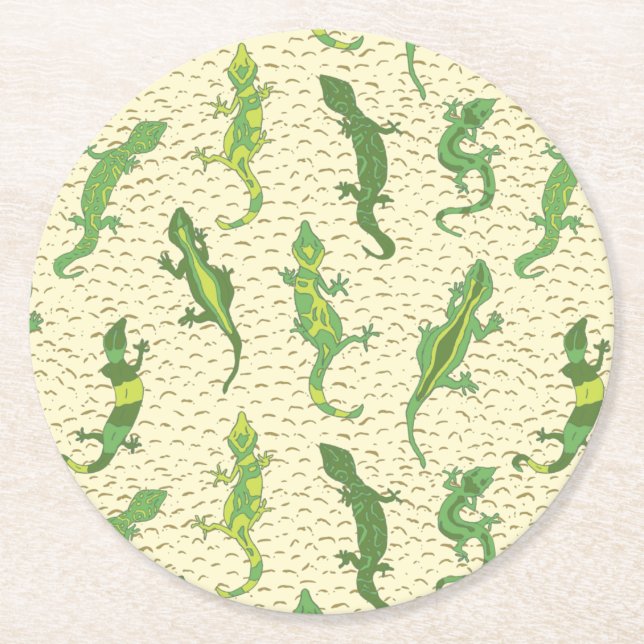 Klimatgeckos i sten på gulten - sömlöst mönster. underlägg papper rund (Framsidan)