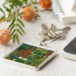Klimt-Farm Garden med solblommor Fyrkantig Silverfärgad Nyckelring