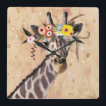 Klimt Giraffe| Krona blommor Fyrkantig Klocka<br><div class="desc">Den här utskriften har en söt giraffe i en krona blommor| av Victoria Borges. Bild-ID: 128245GG</div>