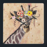 Klimt Giraffe| Krona blommor Fyrkantig Klocka<br><div class="desc">Den här utskriften har en söt giraffe i en krona blommor| av Victoria Borges. Bild-ID: 128245GG</div>