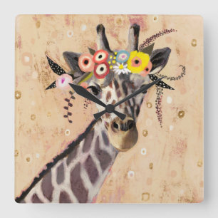 Klimt Giraffe  Krona blommor Fyrkantig Klocka