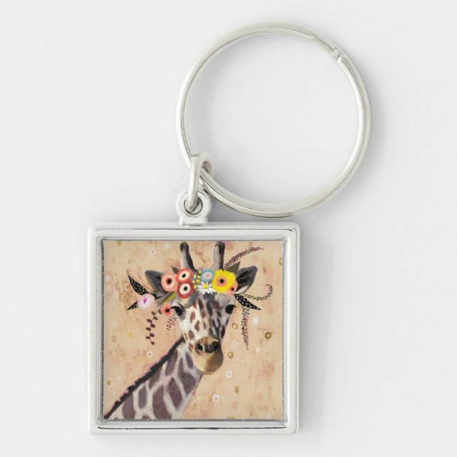 Klimt Giraffe | Krona i blommor Fyrkantig Silverfärgad Nyckelring (Framsidan)