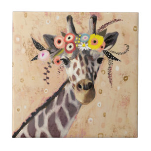 Klimt Giraffe   Krona i blommor Kakelplatta
