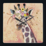 Klimt Giraffe| Tillagt i blommor Fyrkantig Klocka<br><div class="desc">Den här utskriften har en söt giraffe i en krona blommor| Av Victoria Borges</div>