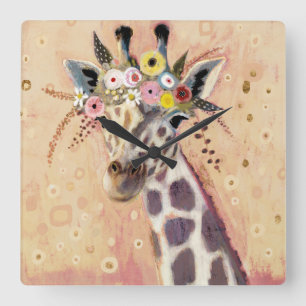 Klimt Giraffe Tillagt i blommor Fyrkantig Klocka