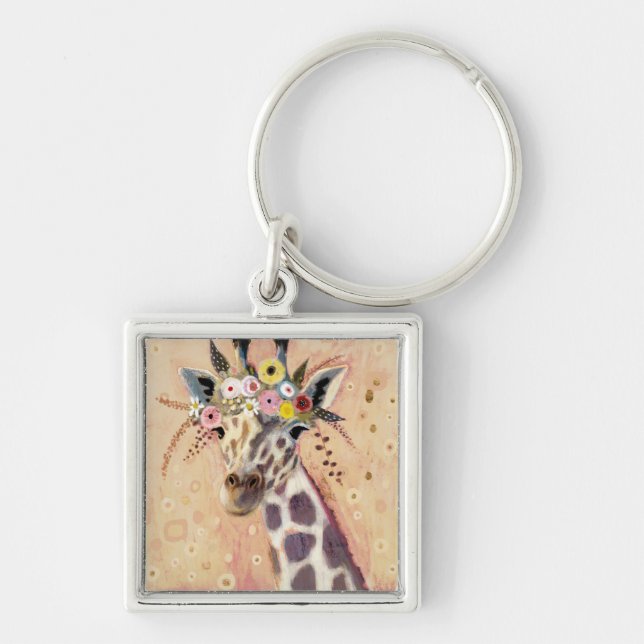 Klimt Giraffe | Tillagt i blommor Fyrkantig Silverfärgad Nyckelring (Framsidan)
