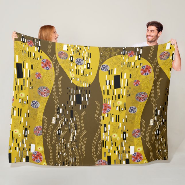 Klimt Inspired Guld Mönster Art nouveau Kiss Fleecefilt (På plats)