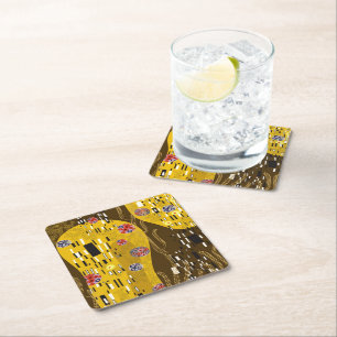 Klimt Inspired Guld Mönster Art nouveau Kiss Underlägg Papper Kvadrat