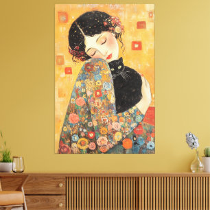 Klimt-Inspired Woman and Cat Canvastryck