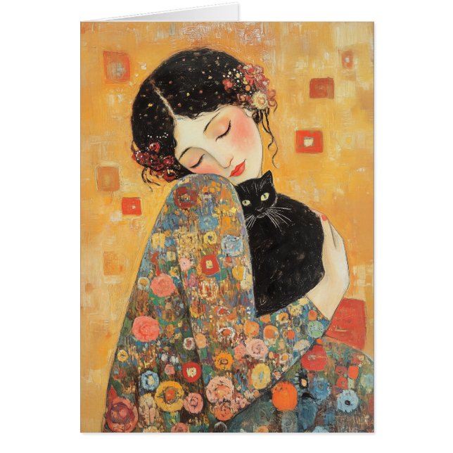 Klimt-Inspired Woman and Cat Hälsningskort (Framsidan)