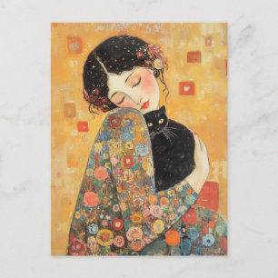 Klimt-Inspirerad kvinna och katt Vykort