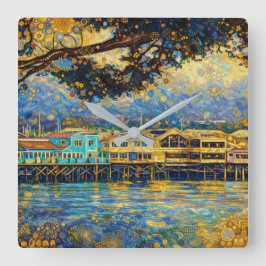 Klimt-inspirerade Golden Monterey Harbor Dreams Fyrkantig Klocka
