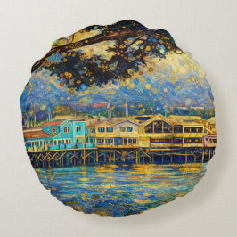 Klimt-inspirerade Golden Monterey Harbor Dreams Rund Kudde