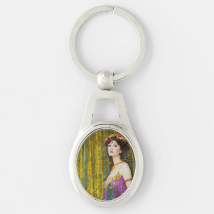Klimt Stil Collage Porträtt av Woman Ovalt Silverfärgad Nyckelring