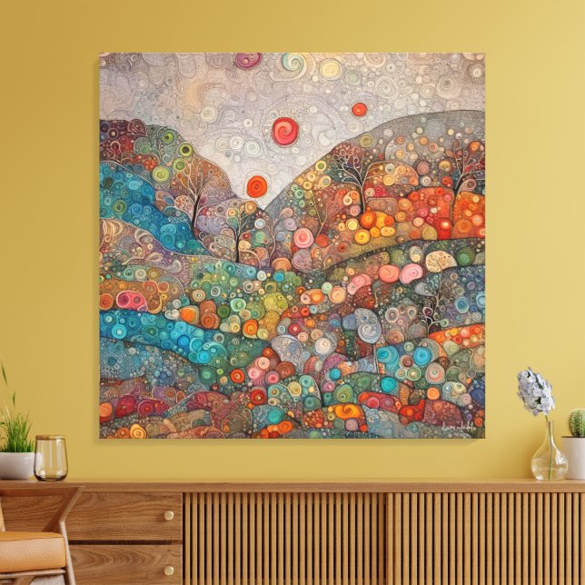 KLIMT STIL COLORFUL WHIMSICAL LANDSCAPE SWIRLS CANVASTRYCK (Insitu (Vardagsrum))