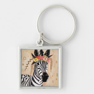 Klimt Zebra Krona blommor Fyrkantig Silverfärgad Nyckelring