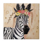 Klimt Zebra | Krona i blommor Kakelplatta<br><div class="desc">Den här utskriften har en söt zebra i krona på blommor | Av Victoria Borges. Bild-ID: 128246GG</div>