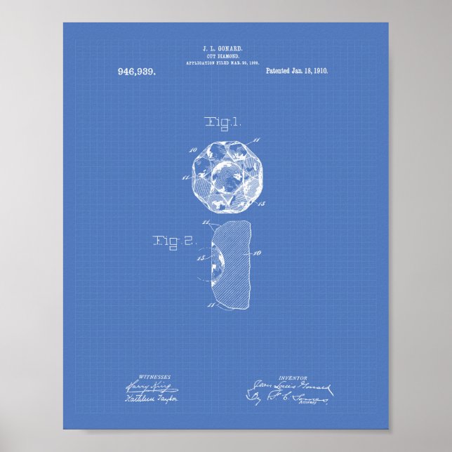 Klipp ut Diamond 1910 Patent Art Blueprint Poster (Framsidan)