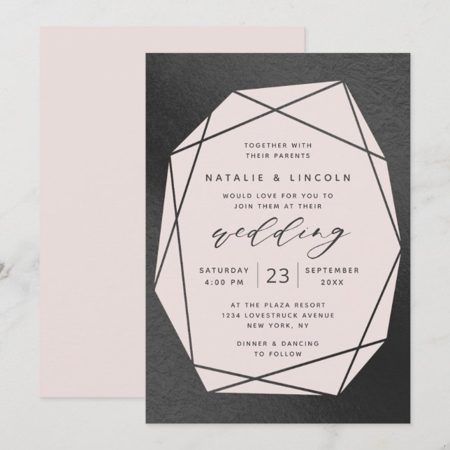 Klipp ut Gemstone  Rosa & Black Foil Bröllop Inbjudningar (Fram/baksida)