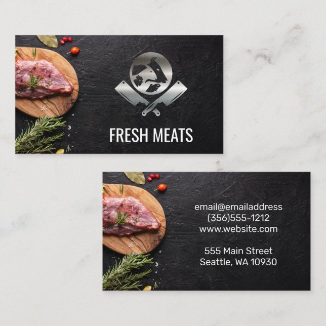 Klipp ut slaktare Kött | Metallisk Logotyp Visitkort (Fram/baksida)