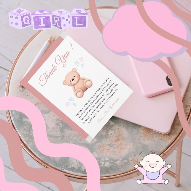 Klipp ut teddybjörn, handritade hjärtan flicka bab tack kort (Cut Cartoon Teddy Bear, cute handdrawn hearts school watercolor Pastel Girl Baby Shower, Cute Card.)
