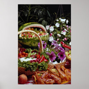 Klipp vattenmelonfruktbasketen med blommor poster