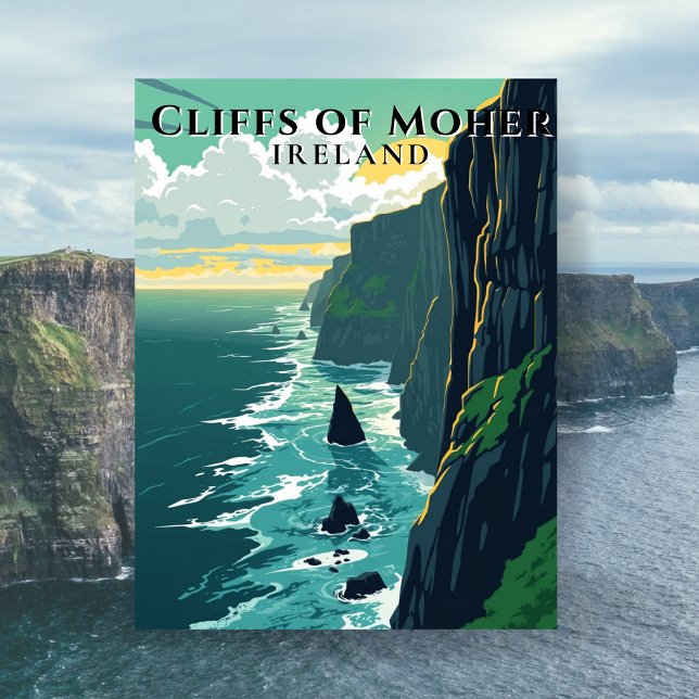 Klippan Moher Irland Retro Landskapsresa Vykort (Cliffs of Moher Ireland Retro Landscape Travel Postcard)