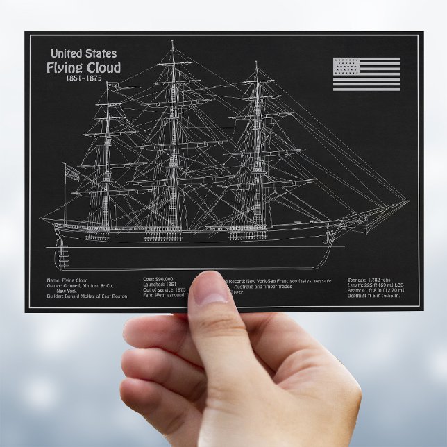 Klipperskepp Flying Cloud - Ritning PD Vykort (Clipper Ship Flying Cloud - Blueprint PD. Postcard )