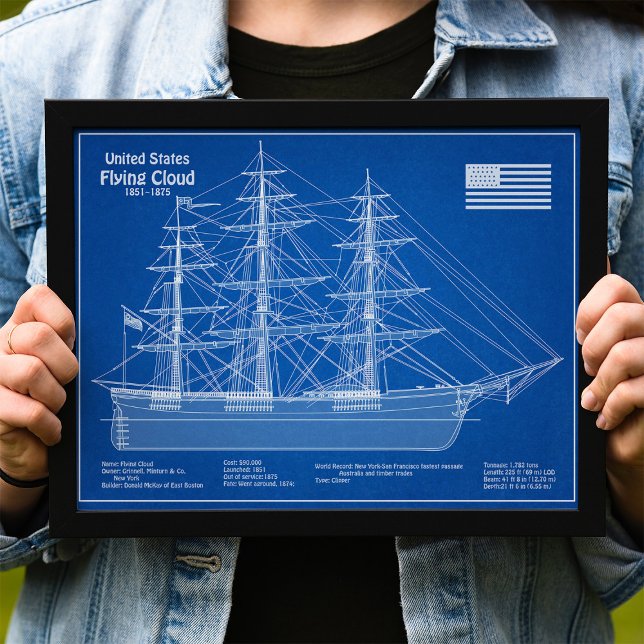 Klipperskeppet Flying Cloud - Ritning ABD Fototryck (Clipper Ship Flying Cloud - Blueprint ABD. Photo Print )