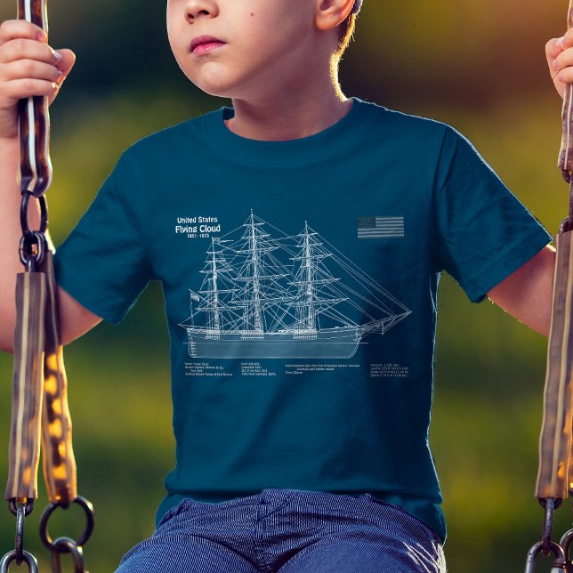 Klipperskeppet Flying Cloud - Ritning ABD T Shirt (Clipper Ship Flying Cloud - Blueprint ABD. Boy Basic Blue T-Shirt )