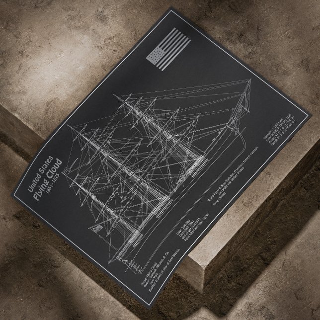 Klipperskeppet Flying Cloud - Ritning PD Poster (Clipper Ship Flying Cloud - Blueprint PD. Poster)